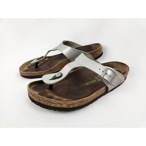 Birkenstock Gizeh Womens Silver Leather Slide Sandals, Size US 10 EU 41